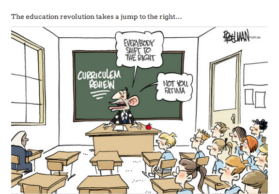 Doclach's tweet photo. @JaneCaro => RT @Broelman: CARTOON: The education revolution takes a jump to the right http://t.co/Nnn0heThgY #auspol http://t.co/hzT01zclx9