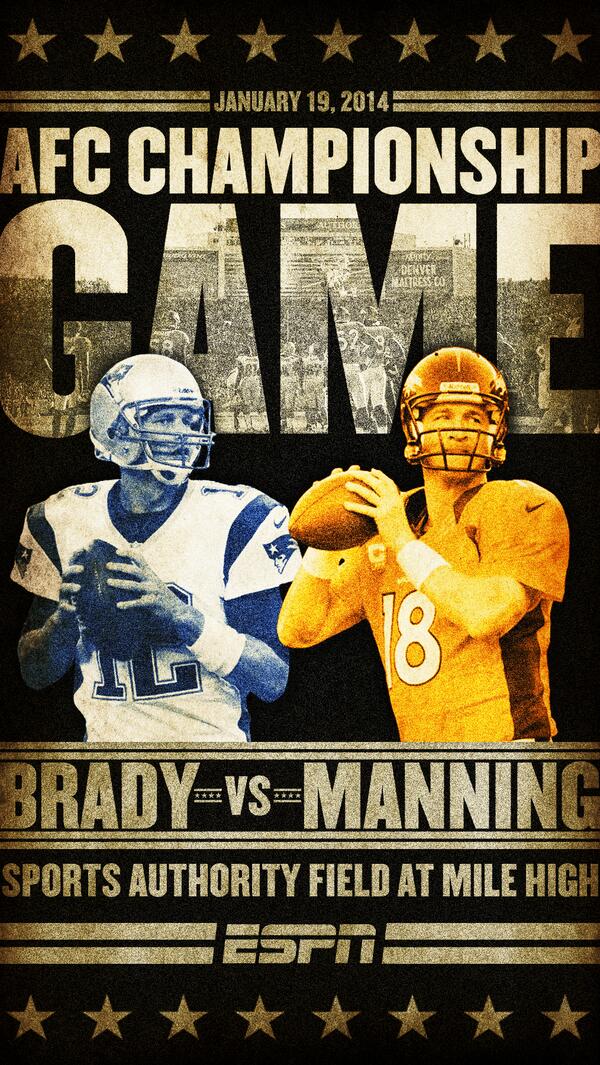 espn's tweet photo. Jan. 19, 2014: Brady vs. Manning.

Next Sunday will be epic. http://t.co/WKFyGbZtCa