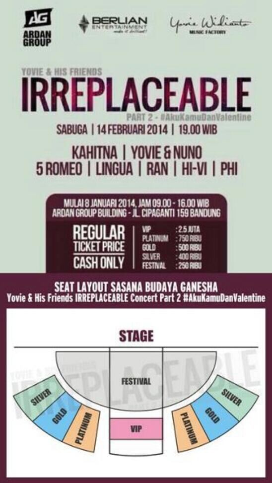 SLRPalembang's tweet photo. Ticket Price IRREPLACEABLE Concert #AkuKamuDanValentine jumat, 14 Februari 2014 http://t.co/ZCE9mR5Ii5