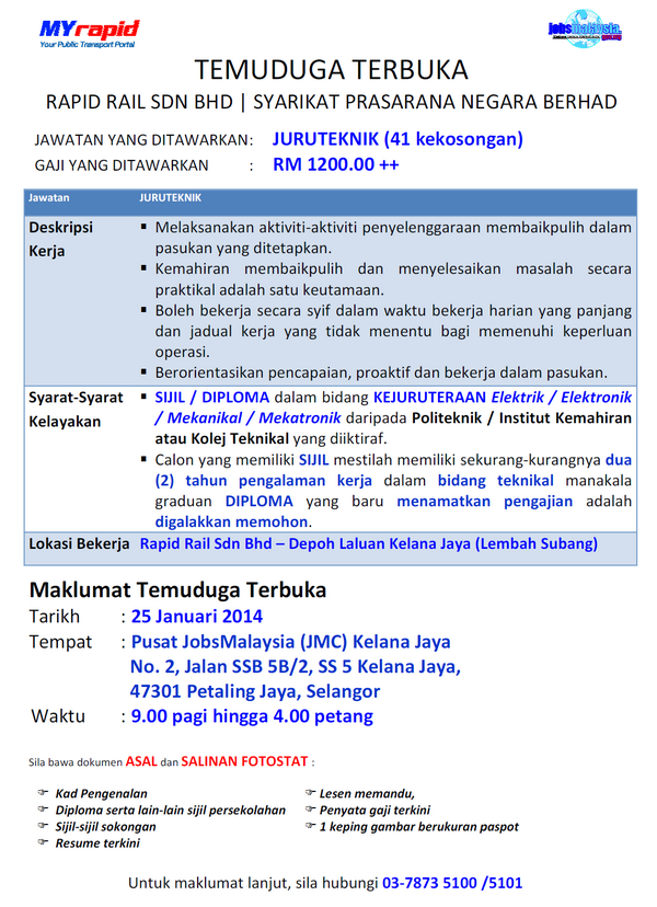JobsMY_KJ's tweet photo. PELUANG PEKERJAAN UNTUK ANDA DI TAHUN BARU 2014 !!!  TEMUDUGA TERBUKA RAPID RAIL SDN BHD | SYARIKAT PRASARANA NEGARA http://t.co/AxXn1jk4oU