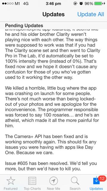 srvina's tweet photo. other apps updates are always straightforward and boring. but not camera+. love to read their hilarious update notes! http://t.co/QMeeLqWfz1