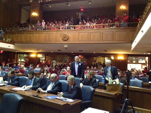 JonMurray's tweet photo. 20 min from start of House judiciary #HJR3 hearing. Opponents in red packed gallery early http://t.co/AWcYXcjV75