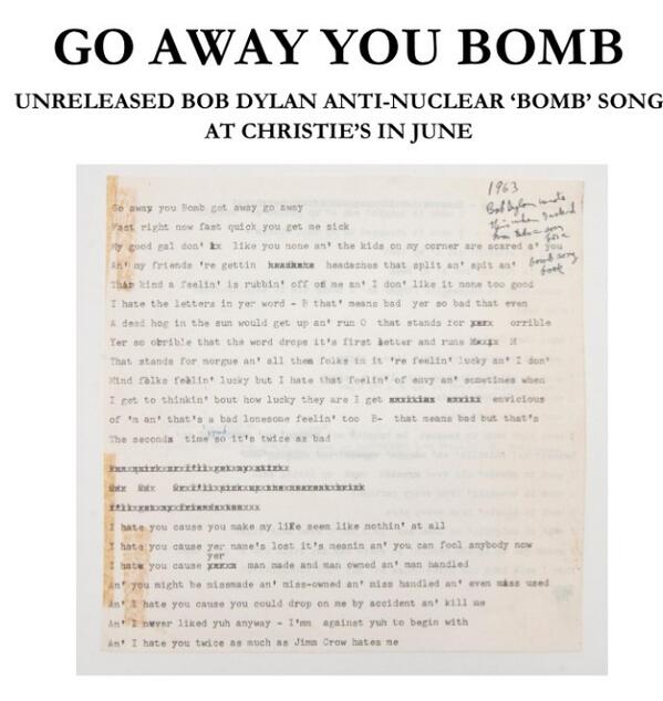 Dylan wrote 'Go Away U Bomb' overnight 4 IzzyYoung/FolkloreCenter.. No known recording, just the paper bob typed on