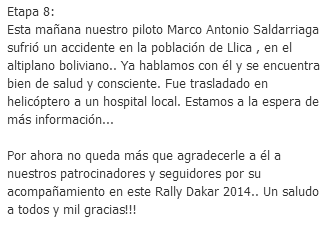 RetoDakarCo's tweet photo. @RevistaDEMOTOS @RetoDakarCo @Catamedo @fedemoto Buenas tardes, esta maña Marco dufrió un accidente Adjunto el comun. http://t.co/W42RKiLpvX