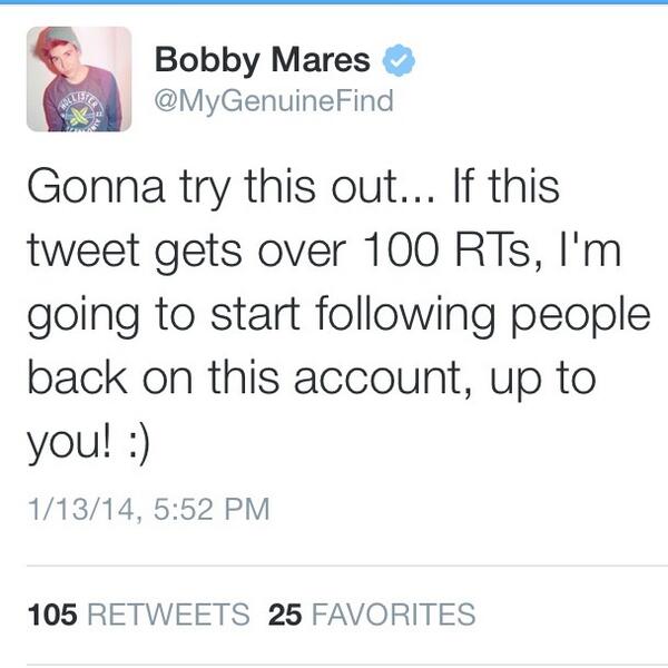 ItsBobbyMares's tweet photo. Ok guys! You did it! <3 I'm going to do my first ever follow spree here in a few, look out for it! http://t.co/mp5klg5sXj