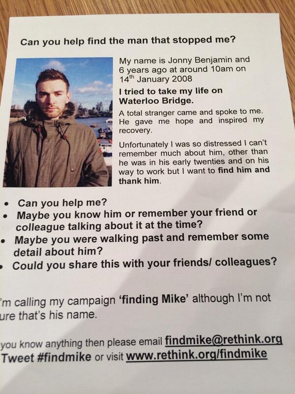 kirstydoogs's tweet photo. Saw this today. Please RT it would be amazing to find him &amp; let Jonny Benjamin say thanks!  #findmike http://t.co/HBe5ihuM9R