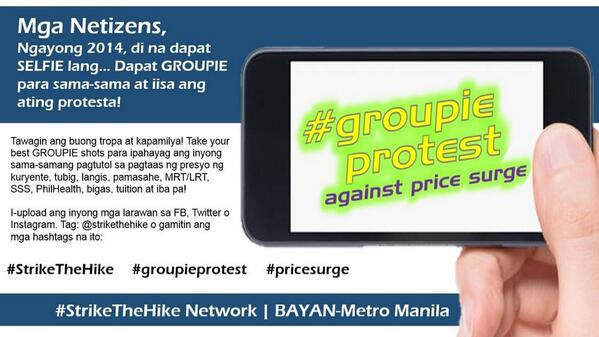 strikethehike's tweet photo. Ngayong 2014' di na lang dapat #selfie ang protesta vs #pricesurge! Mag #groupieprotest na! #groupie #strikethehike http://t.co/snGQR2cyL9