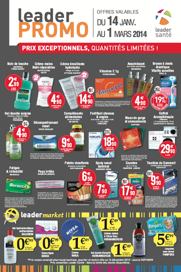 LeaderSante's tweet photo. Venez découvrir le nouveau flyer dans votre pharmacie @LeaderSante. Attention, prix exceptionnels, quantités limitées http://t.co/xMqIMTW43i