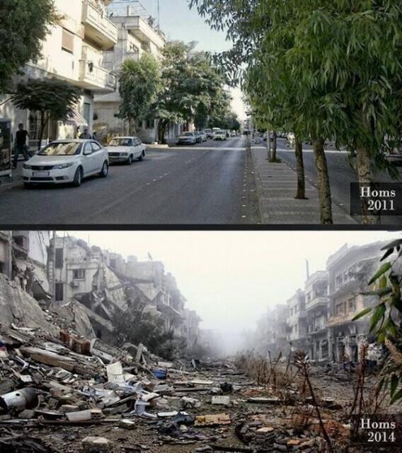 ArabiFact's tweet photo. صورة لأحد الشوارع في مدينة #حمص #سوريا في ٢٠١١ وأخرى لنفس الشارع في ٢٠١٤، لا حول ولا قوة إلا بالله. http://t.co/FoXTF1yDBl