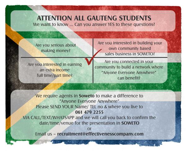CommunitySA's tweet photo. @DiepkloofParish  Jobless Soweto Students Email businessopportunity@thecommunityunlimited.com SMS/WHATSAPP 0614792255 http://t.co/CPgaUGON6u