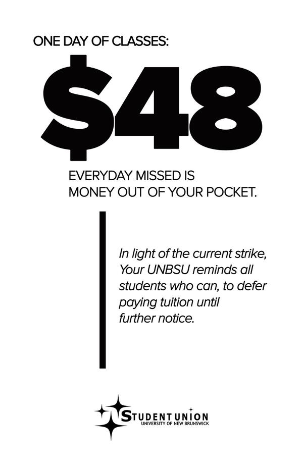 UNBSU's tweet photo. Every day that @AUNBTweeter and @UNB fail to come to an agreement is money out of students' pockets #UNBStrike http://t.co/fbx0FwQPng