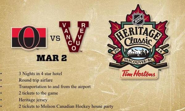 We're giving away a trip for two to the heritage classic in Vancouver! ReTweet if you want to win! #sens #ottawa