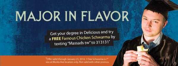 MassadsGrille's tweet photo. Follow the instructions below and get a FREE Famous Chicken Schwarma at our new Monks Ave location! http://t.co/Dia0AVXoV5