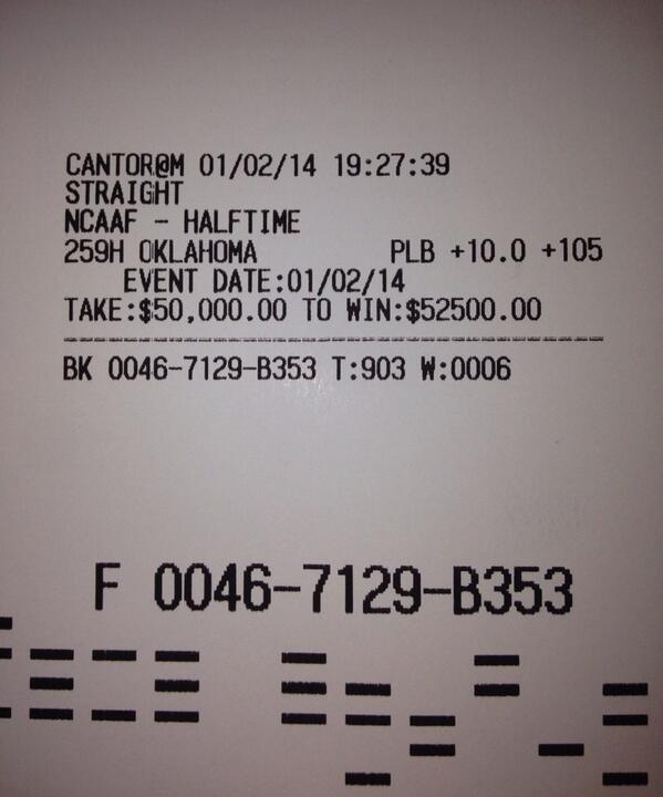I bet $50,000 on Oklahoma and won. $50,000 + $52,500 =$102,500
