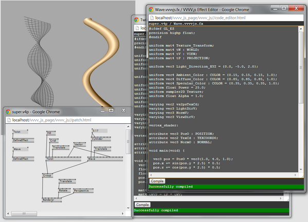 vvvv_js's tweet photo. on the workbench right now: VVVV.js inline shaders + built-in code editor for realtime shader coding http://t.co/ZU3F2wbYTM