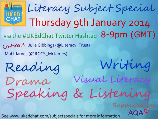 ukedchat's tweet photo. On Thurs @Literacy_Trust &amp; @RCCS_MrJames co-host #UKEdChat LITERACY Subject Special. Info via http://t.co/1Y2LLUkqjc http://t.co/twkLZxEcJH