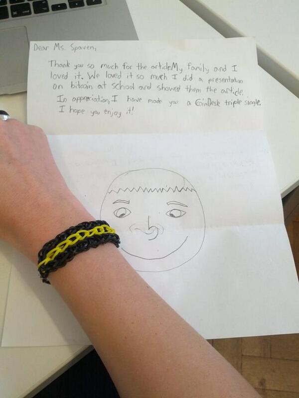 emilyspaven's tweet photo. Just received a lovely letter and bracelet from a 9-year-old bitcoin entrepreneur (son of @OracleAlchemist). So cute! http://t.co/FiOnBS7q3a