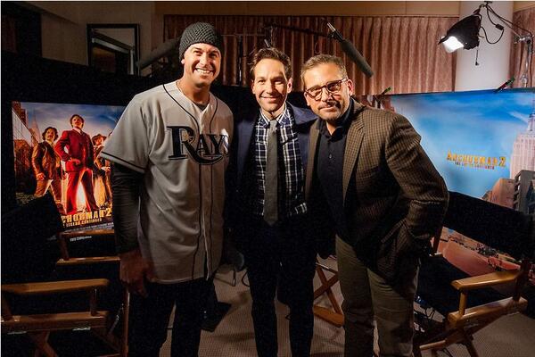 RaysBaseball's tweet photo. Leftover from his visit to @MLBFanCave: @Evan3Longoria with Anchorman 2 actors @SteveCarell and Paul Rudd. #BrickShot http://t.co/8l3rOTG8p9