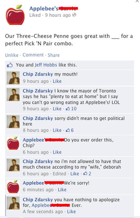 BuzzFeedFood's tweet photo. The story of one man &amp; his beautiful, hilarious friendship with an Applebee’s Facebook page. http://t.co/KQu6NJO0Ko http://t.co/eQnKMX3wgB