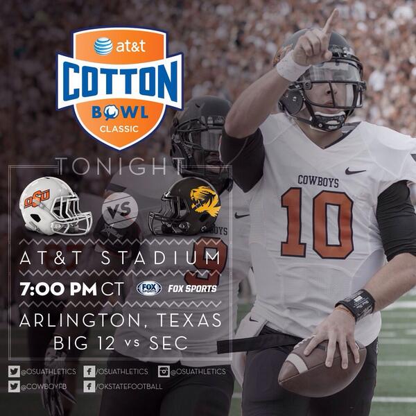erinharmon's tweet photo. go Pokes!!RT @OSUAthletics: Tonight: #OKState meets Missouri in the 78th annual AT&amp;T #CottonBowl Classic on FOX! http://t.co/vxWCwezuNH