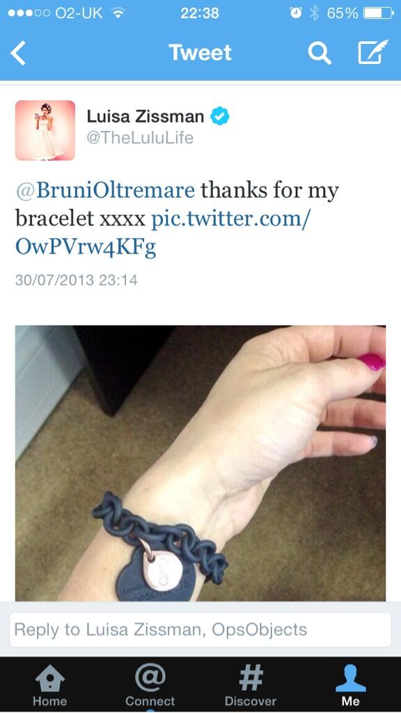 SpecWorldMedia's tweet photo. “@TheLuluLife: @BruniOltremare thanks for my bracelet xxxx http://t.co/v3uCcLVeAp” http://t.co/fzVaaSm9sC