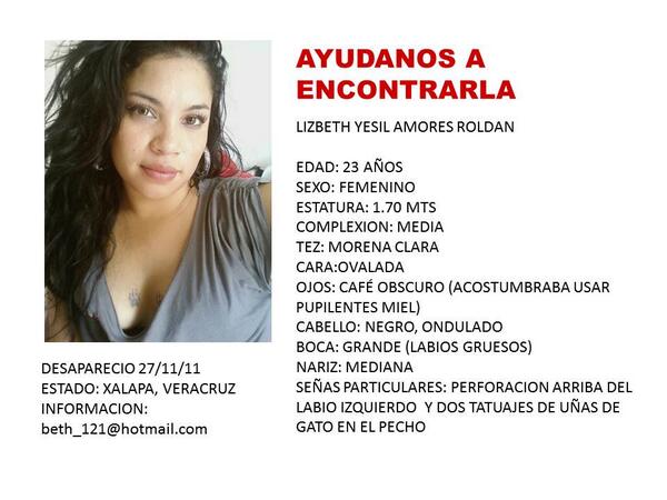 elizamarmar's tweet photo. @Proyecto40 Ayuda a localizar a LIZBETH YESIL AMORES ROLDAN 23 AÑOS desapareció 27/11/11 ¿La has visto? DIFUNDE http://t.co/8utfA9aSdL
