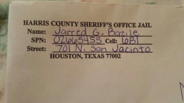 Marisweeet_'s tweet image. If you fw Jarred G. Bazile here's his info. Write him asap bc they are moving him very soon! #FreeJB