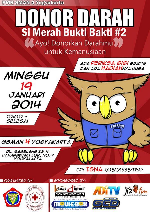 Pantirapih's tweet photo. #Info @PMR_SMAN4YK: Donor Darah "Si Merah Bukti Bakti #2" dan Pemeriksaan Gigi Gratis | 19-01-2014 jam 10:00-selesai http://t.co/iD4hEf28L9