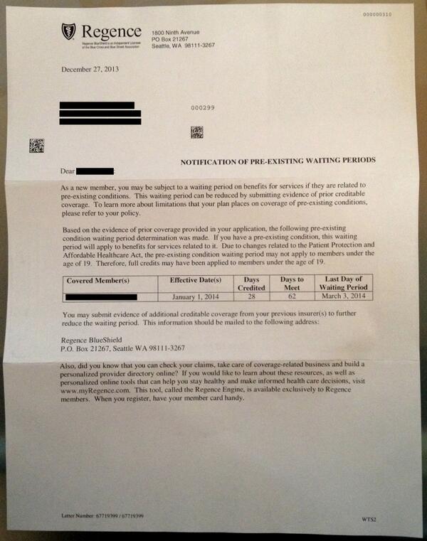 jeperkin's tweet photo. Denial of coverage for preexisting conditions is only semi-true. What is my gf supposed to do if she gets ill? #PPACA http://t.co/t3MzxzFoQ0