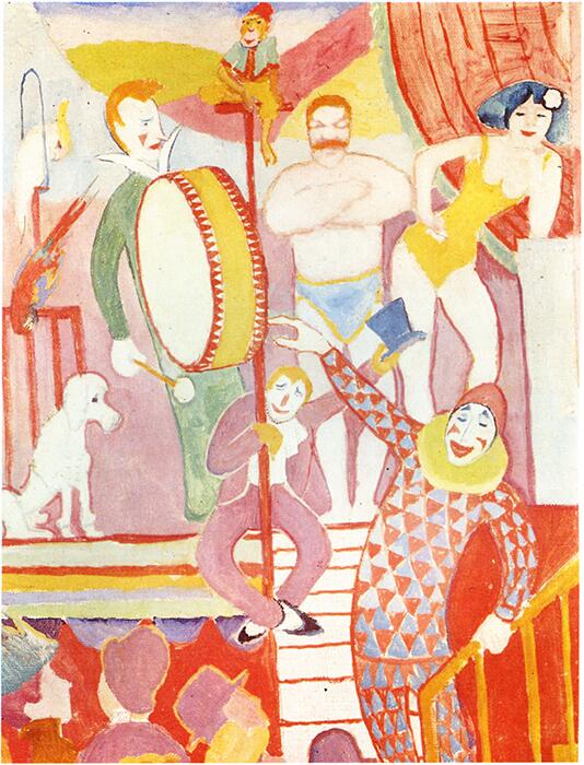 アウグスト・マッケ『サーカスの絵Ⅱ 体操選手とピエロ、猿』(1911) August Macke - Cirkusbild II: Athletenpaar, Clown und Affe  #表現主義 #ブリュッケ