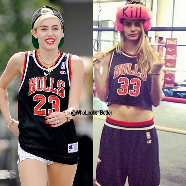 WhoLooks_Better's tweet photo. Who Wore Bulls Jersey Better ?
Miley Cyrus VS Cara Delevingne 
RT for Miley 
FAV for Cara http://t.co/EW7NAJ4BFG