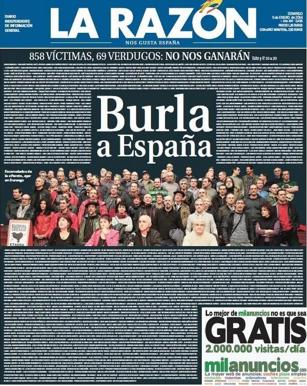 Lo que llama la atención de la Portada de La Razón es que si pagas publicidad tienes más espacio que si te mata ETA.