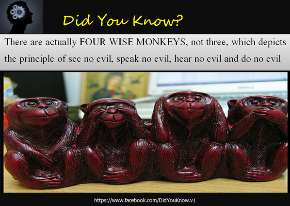 Journalistory's tweet photo. #Factfinder: Mizaru (See no Evil), Iwazaru (Speaks no evil), Kikazaru (Hears no evil),
Shizaru (Do no evil). http://t.co/zKpXe6ZUR5