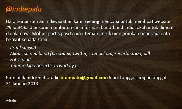 IndiePalu's tweet photo. deadline pengumpulan profil band sampai tanggal 31 Januari 2013, ayo segera! http://t.co/yGyuZymnkV