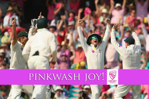 cricketcomau's tweet photo. How sweet it is! #Ashes #TheUrnReturns #PinkWash DEFINING MOMENTS: http://t.co/0r314eCzeq http://t.co/fpz7gEJZpc