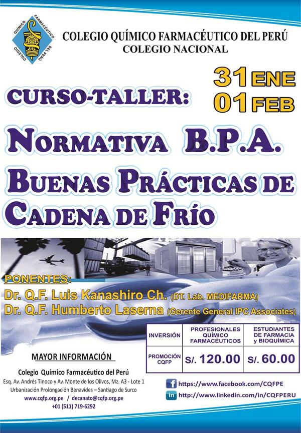 CQFPE's tweet photo. CURSO-TALLER: "NORMATIVA B.P.A. - BUENAS PRÁCTICAS DE CADENA DE FRÍO
Mayores informes: 
https://t.co/26CCaQMf3X http://t.co/BMFWxamECl