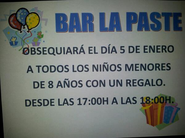 barlapaste's tweet photo. Ven a por tu regalo que ya han llegado los reyes a Bar La Paste!! http://t.co/xx83RptB3K