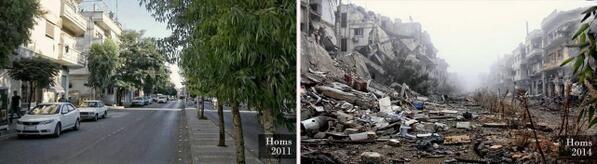 MiguelMorenatti's tweet photo. La destrucción de la guerra de Siria en estas dos fotos de la misma calle de Homs de 2011 y 2014 vía @_amroali http://t.co/I2trAxKFde
