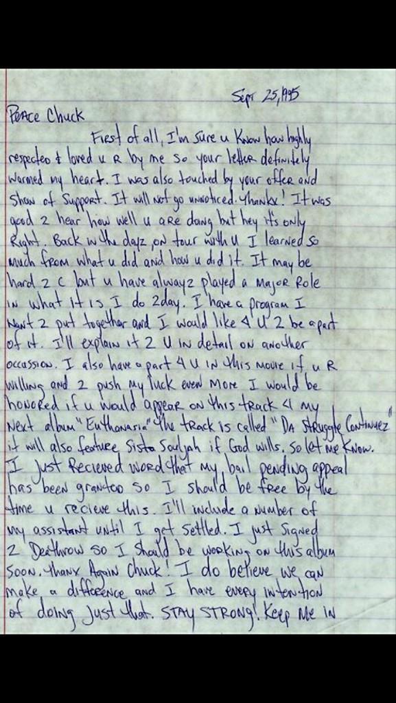 OnlyHipHopFacts's tweet image. A letter Tupac sent @MrChuckD in 1995 that he never got.