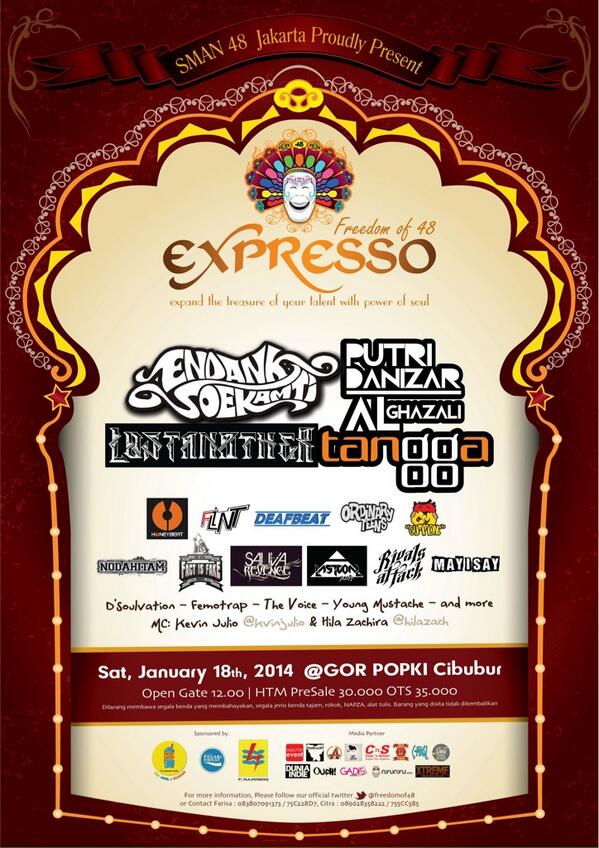 eventUPDATE's tweet photo. SMAN 48 presents @Freedomof48, 18 Jan'14 at GOR Popki Cibubur feat @Alghazll @EndankSoekamti_ @TanggaMusic http://t.co/5IiphrnYXX #pensi