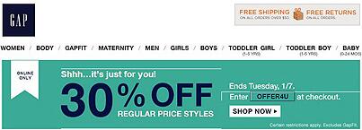 couponchip's tweet image. Enter #promo code: OFFER4U and Get 30% #OFF #RegularPrice #Style at #GAP! Ends 1/7. goo.gl/43OCMR
Pls RT