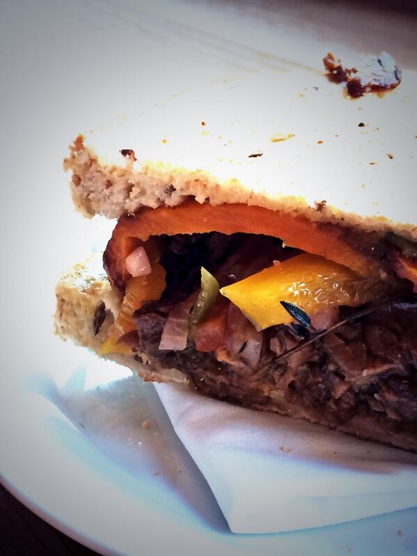 DunneFrankowski's tweet photo. Braised brisket, horseradish cream, pickled peppers and sweet potato torta. From @DeathByBurrito1 @SharpsBarbers http://t.co/fxkX6x66Ue