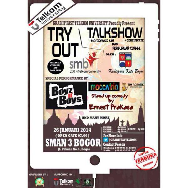 Di <a href="/GRABITFASTELKOM/">GRAB IT FAST 2015</a> ga sekedar try out aja, tapi ada special performance dr <a href="/boyzIIboys/">BoyzIIBoys Official</a> dll loh! Cek posternya ya!
