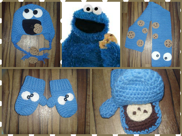 Handmade crochet cookie monster hat, scarf and mittens set...#monstermadness