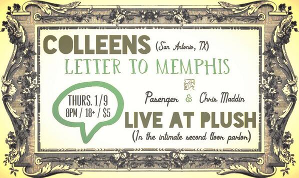dcahillmusic's tweet photo. This Thurs. 1/9 at @PlushSTL with @pasengermusic #Chrismaddin and #Colleens ! #livemusic #lettertomemphis #indie http://t.co/SpTjyFZvu8