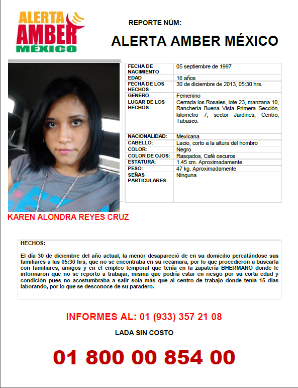 provictima's tweet photo. #AlertaAmber Karen Alondra Reyes Cruz, 16 años, desapareció 30/12/13 en Centro #Tabasco 
RT por favor http://t.co/0kvGzJfEfm