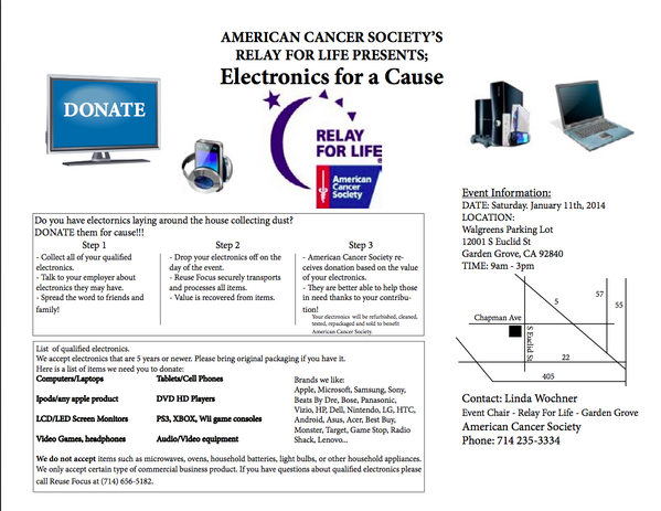 RelayForLifeGG's tweet image. Donate all E-Wastes to ACS Recycling Fundraising this Sat Jan 11/14 at Walgreens Parking Lot 12001 Euclid St 9am-3pm