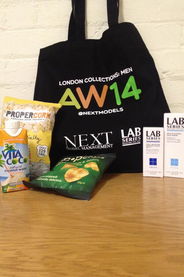 NextModels's tweet photo. #LCM equipped — Next London #modelbags include necessities from #labseriesuk, @popchips, @VitaCoco, and @propercorn. http://t.co/qzfC6hoVIE