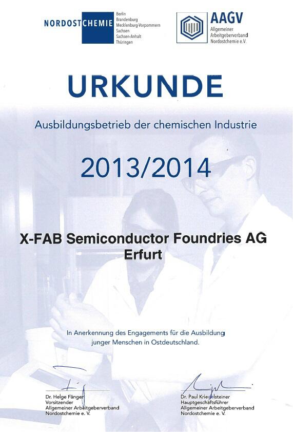 X-FAB hat Urkunde in Anerkennung des Engagements für Ausbildung junger Menschen in Ostdeutschland erhalten.