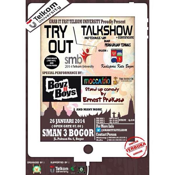 Halo <a href="/SMAN10BOGOR/">SMAN 10 BOGOR</a> yuk ikutan Tryout SMB Telkom 2014 tanggal 26 Januari :) +snack and certificate lho!